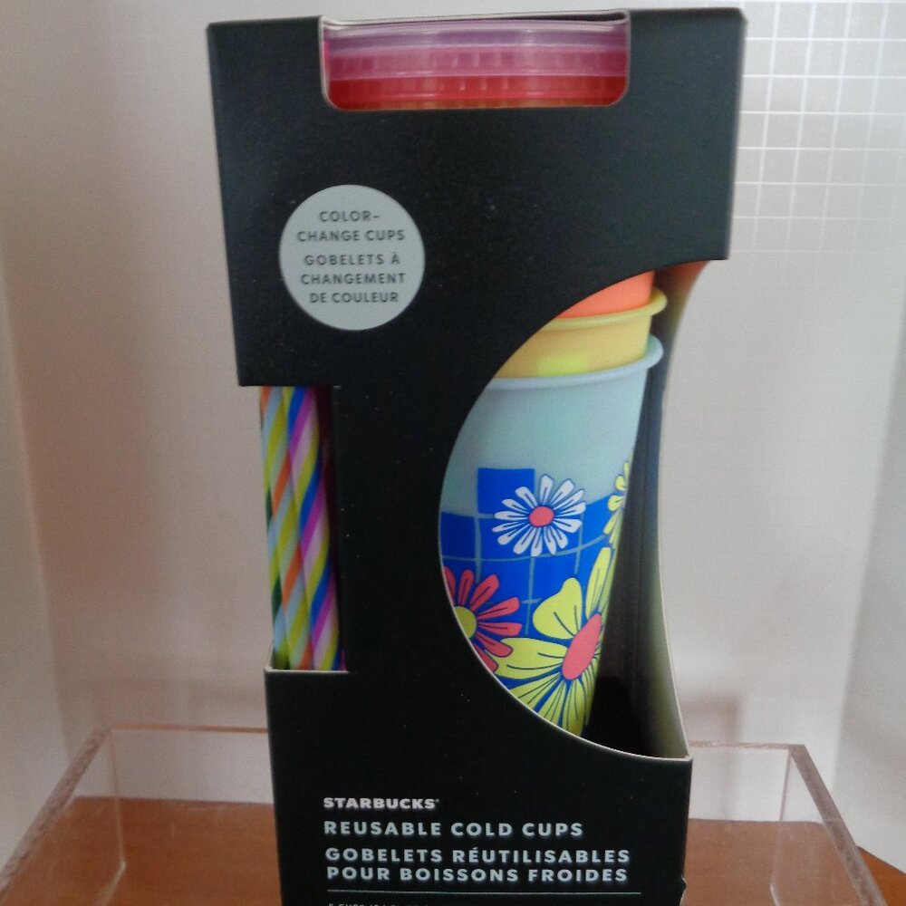5 PK STARBUCKS COLOR CHANGING COLD CUPS, LIDS & STRAWS FLORAL